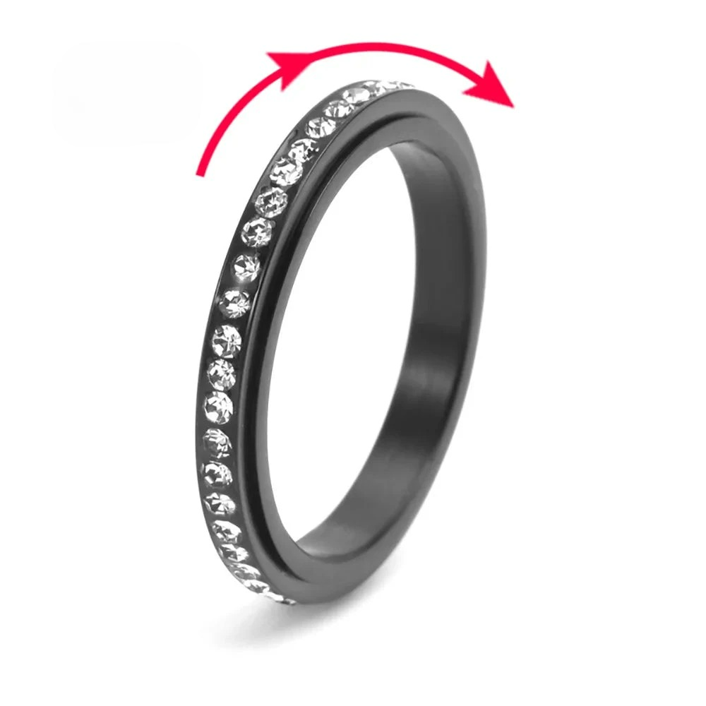 Bague Anneau Tournant Anti-Stress avec Zircon noir