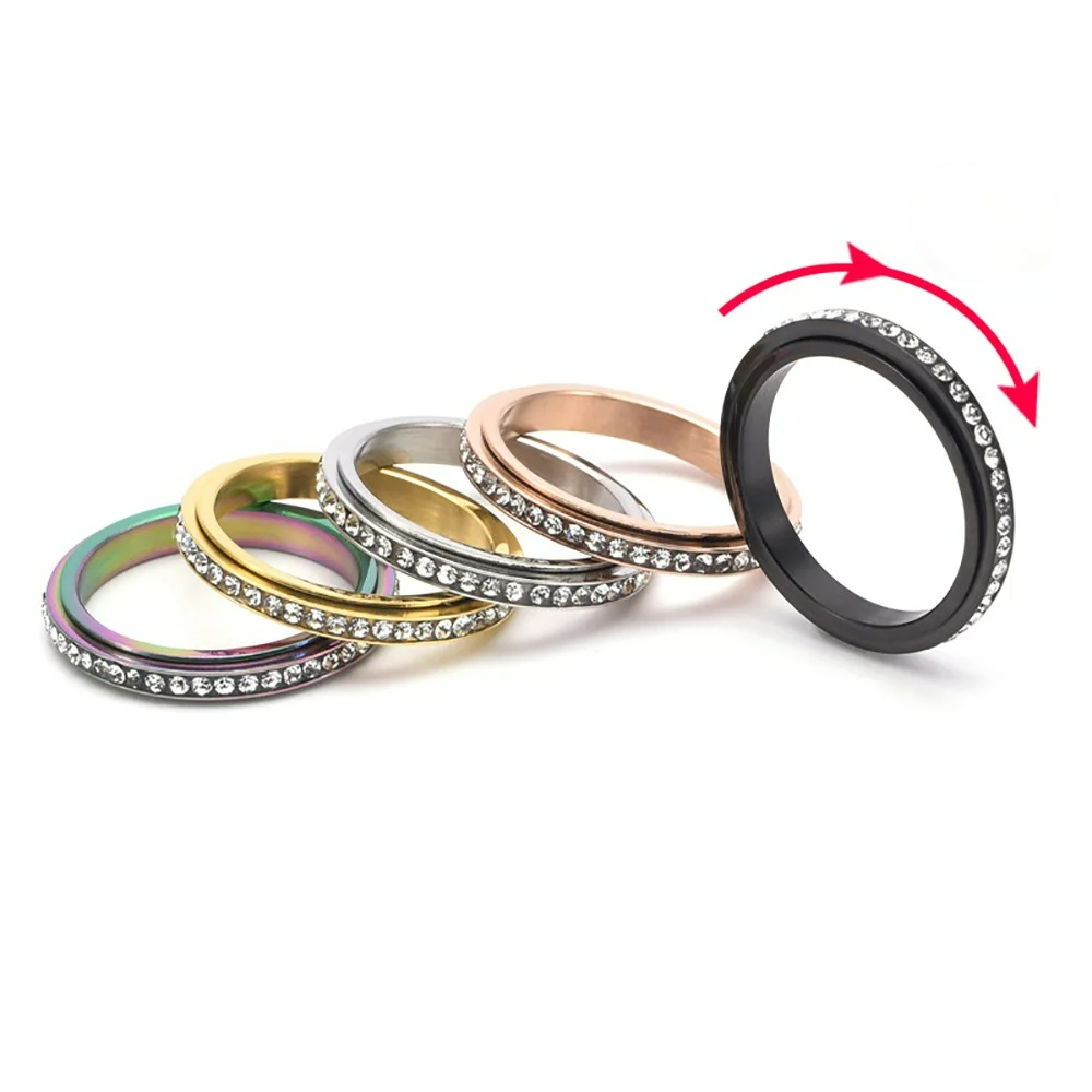 Bague Anneau Tournant Anti-Stress avec Zircon noir