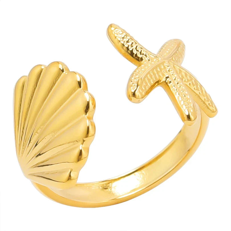 Bague Coquillages Etoile de Mer et Coquille Saint-Jacques or
