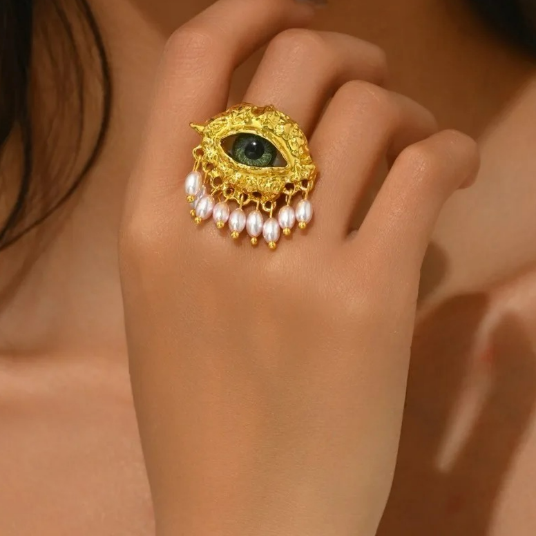 Bague de Protection avec Oeil Bleu et Perles or