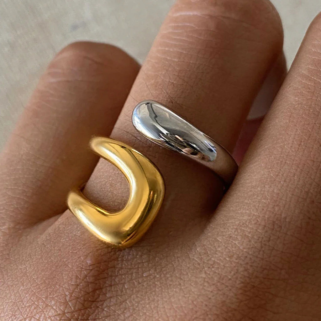 Bague Dorée et Argentée Anneau Goutte d'Eau Creuse