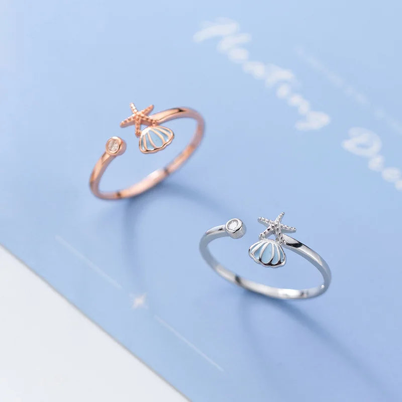 Bague Coquillages Etoile de Mer et Coquille Saint-Jacques et Zircon or rose