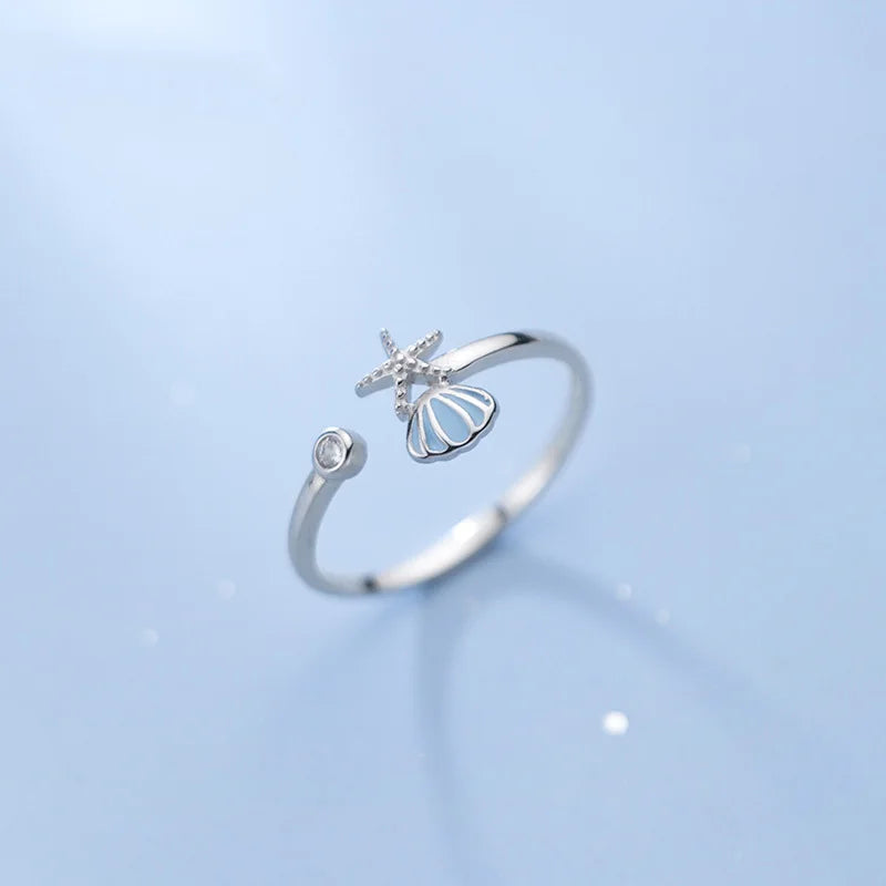 Bague Coquillages Etoile de Mer et Coquille Saint-Jacques et Zircon argent