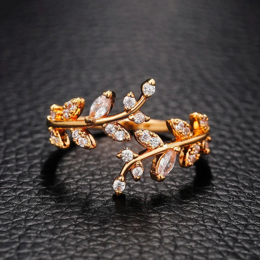 Bague Feuille de Laurier en Zircon Automnale or