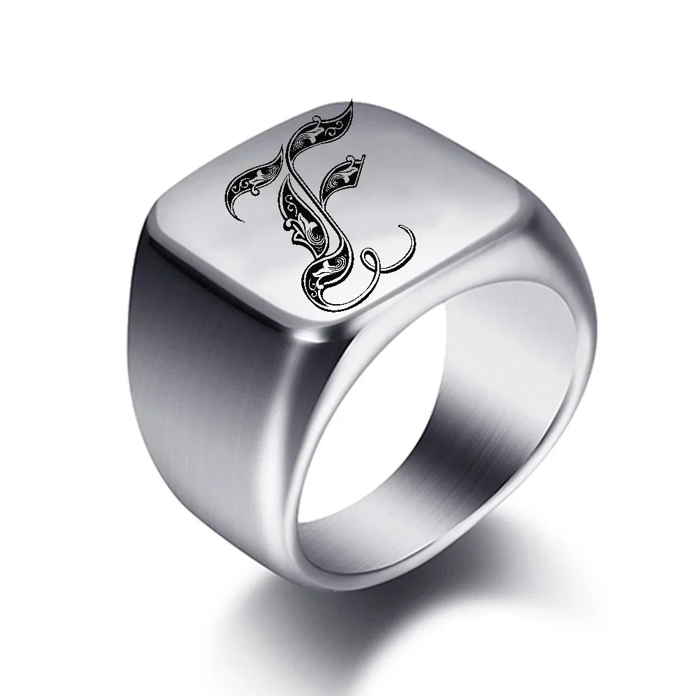 Bague large homme initiale f