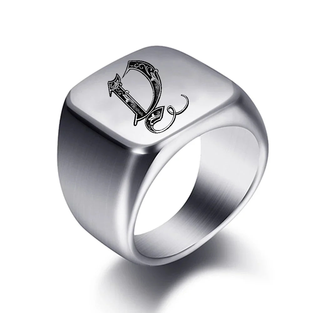 Bague large homme initiale d