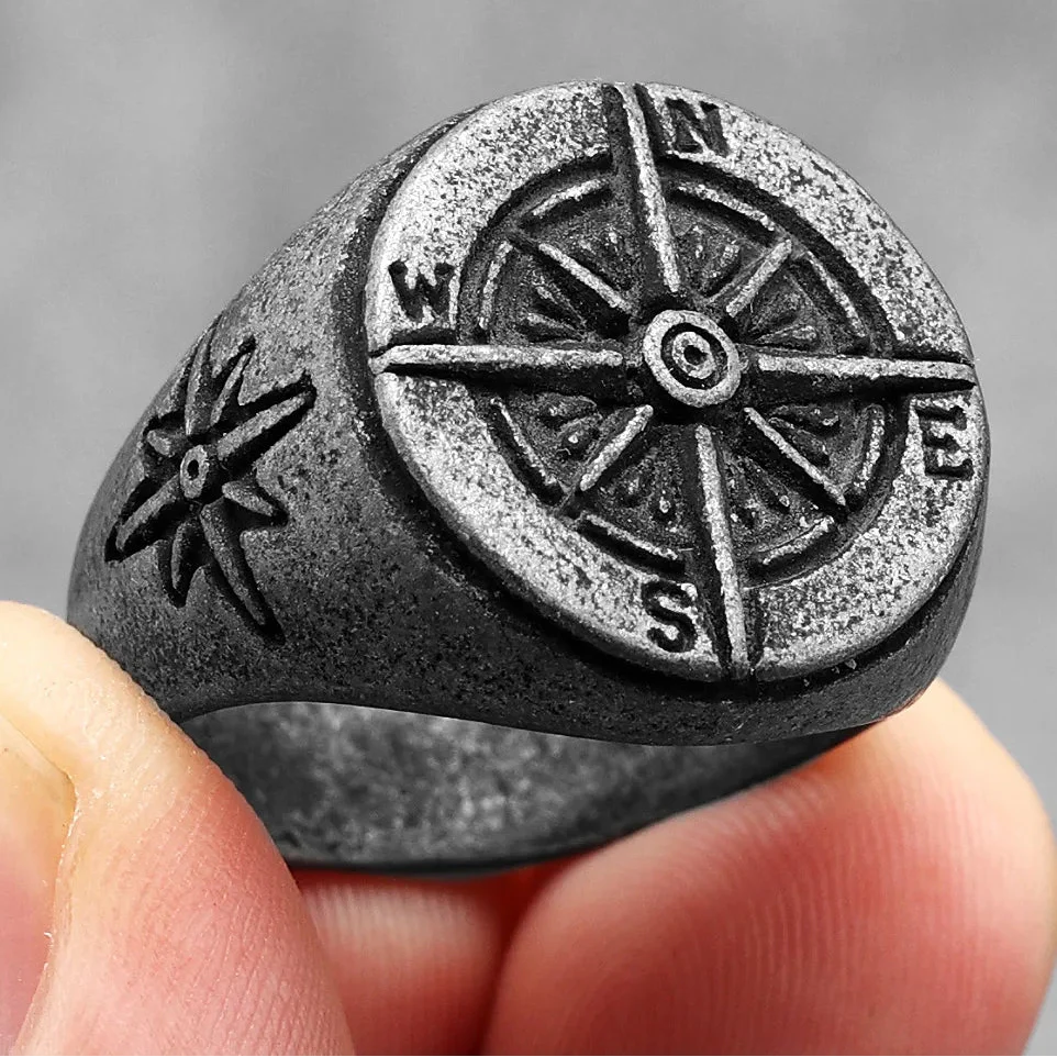 Bague Vintage Boussole Rose des Vents pour Homme gris