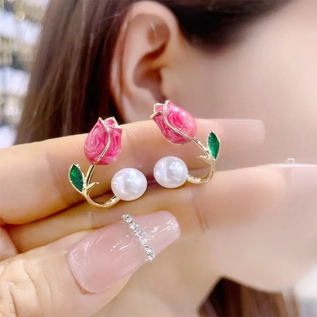 Boucles d'Oreilles Pendante Fleur de Tulipe et Perle rouge