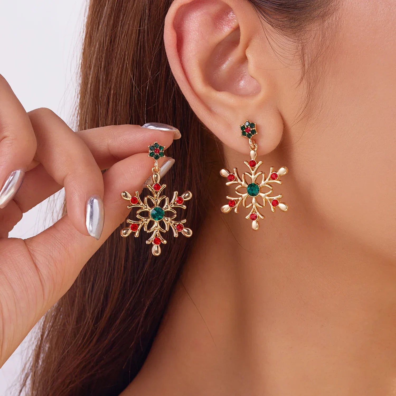 Boucles d'Oreilles Pendantes avec Flocon de Neige rouge et vert