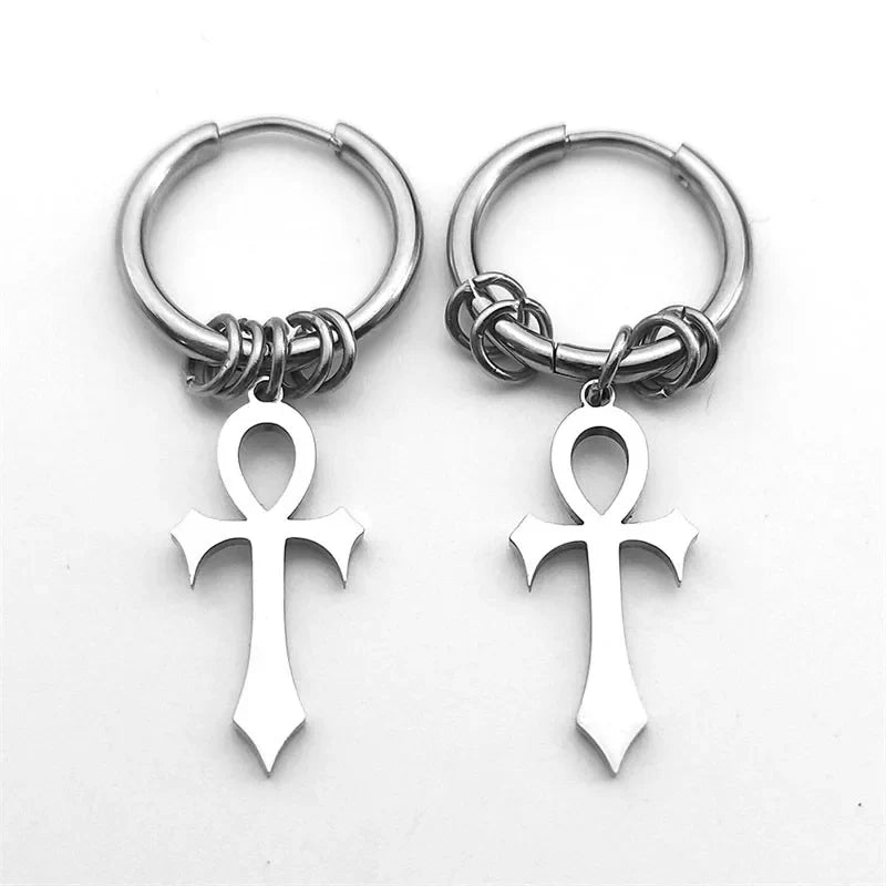 Boucles d'Oreilles Pendantes Croix d'Ankh pour Homme ou Femme argent