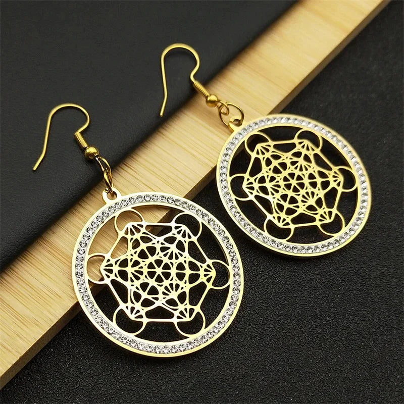 Boucles d'Oreilles Pendantes Cube de Métatron or