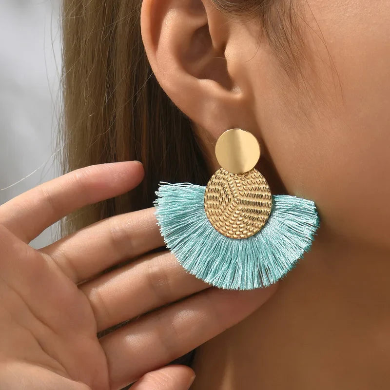 Boucles d'Oreilles Pendantes de Style Bohême en Eventail bleu clair