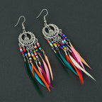Boucles d'Oreilles Pendantes Ethniques Plumes Colorées Femme argent