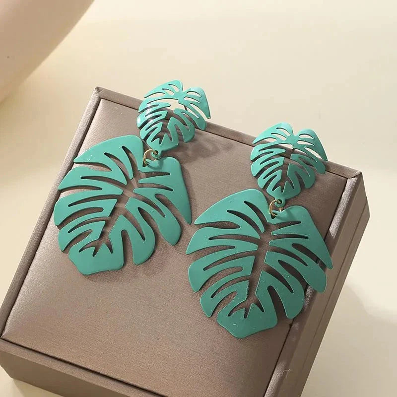 Boucles d'Oreilles Pendantes Feuille de Palmier vert