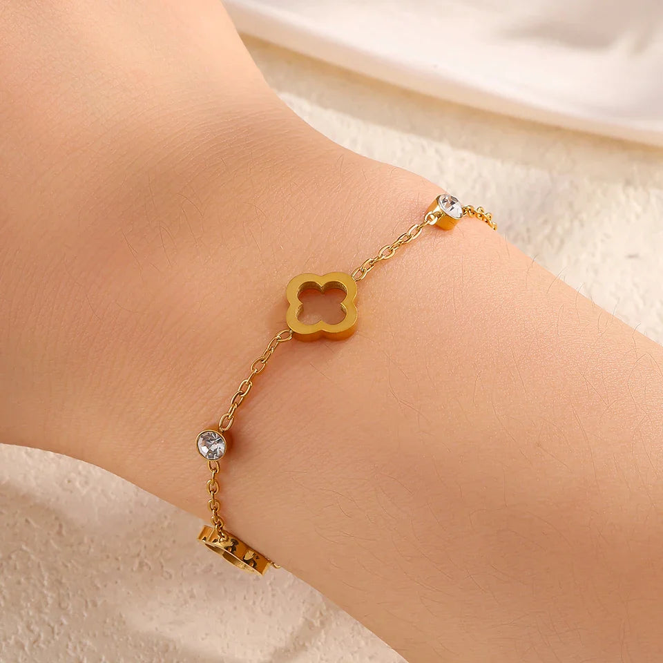 Bracelet avec Trèfles à 4 Feuilles avec Zircon or