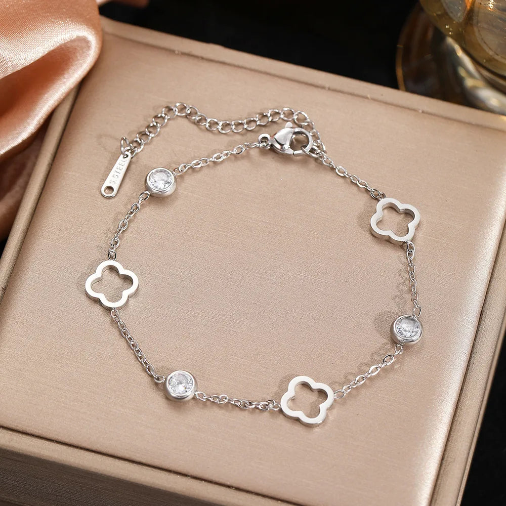Bracelet avec Trèfles à 4 Feuilles avec Zircon argent