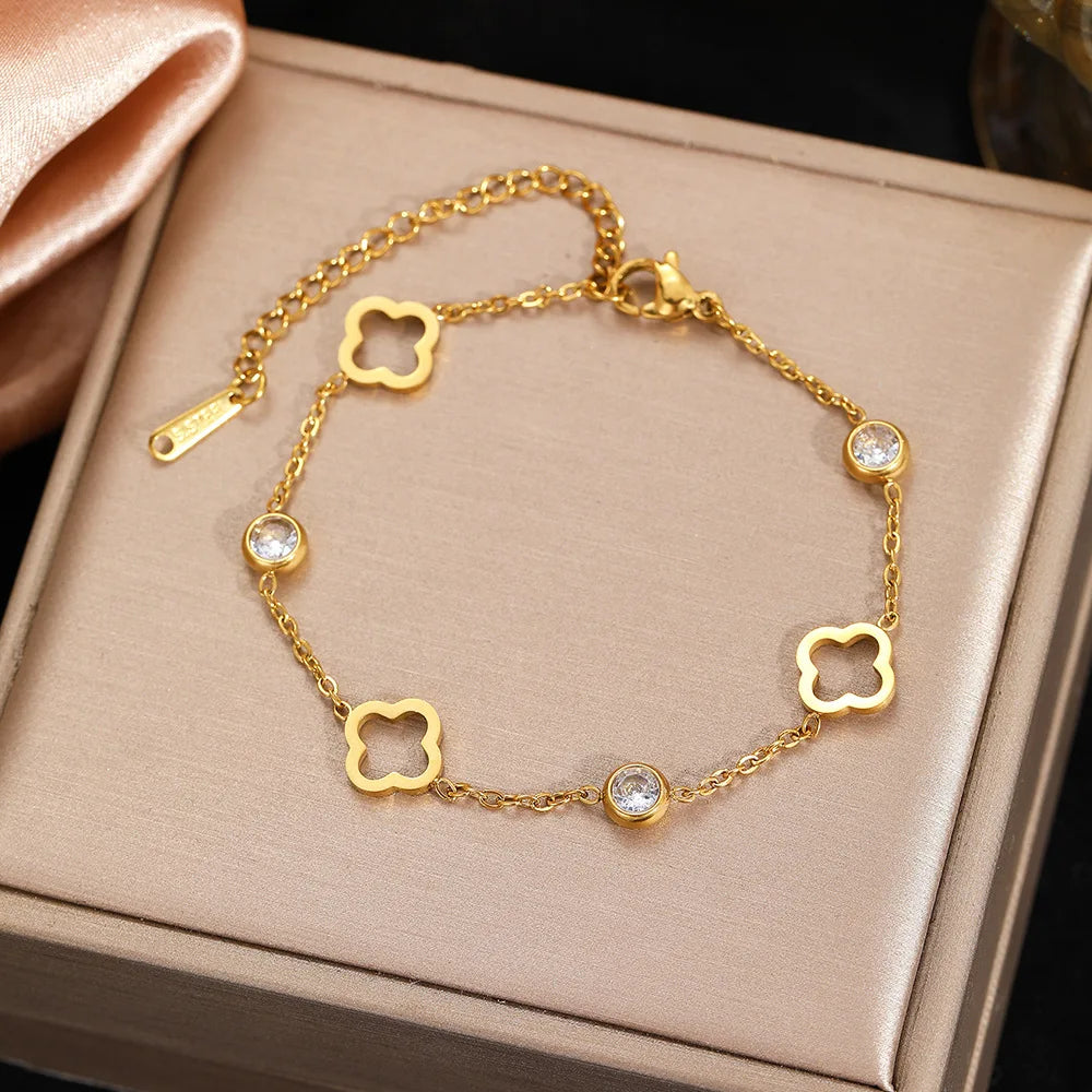 Bracelet avec Trèfles à 4 Feuilles avec Zircon or