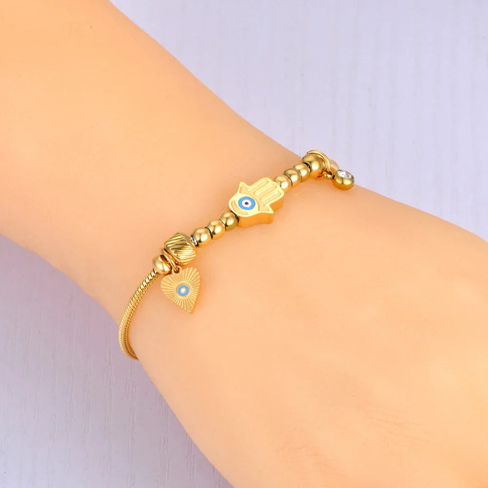 Bracelet de Protection avec Main de Fatma et Oeil Bleu or