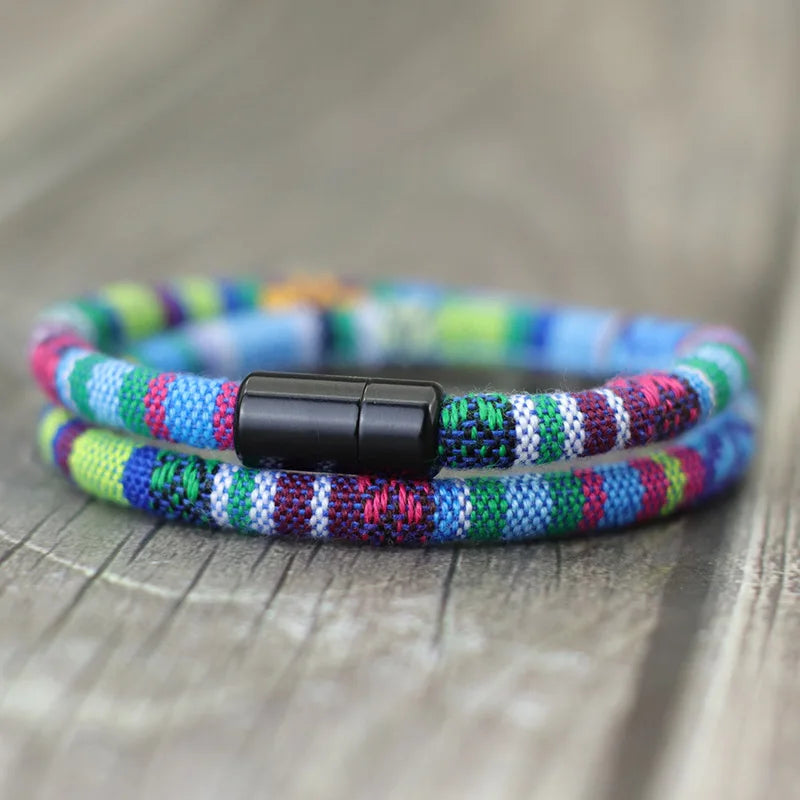 Bracelet Double Tressé Ethnique Multicolore bleu
