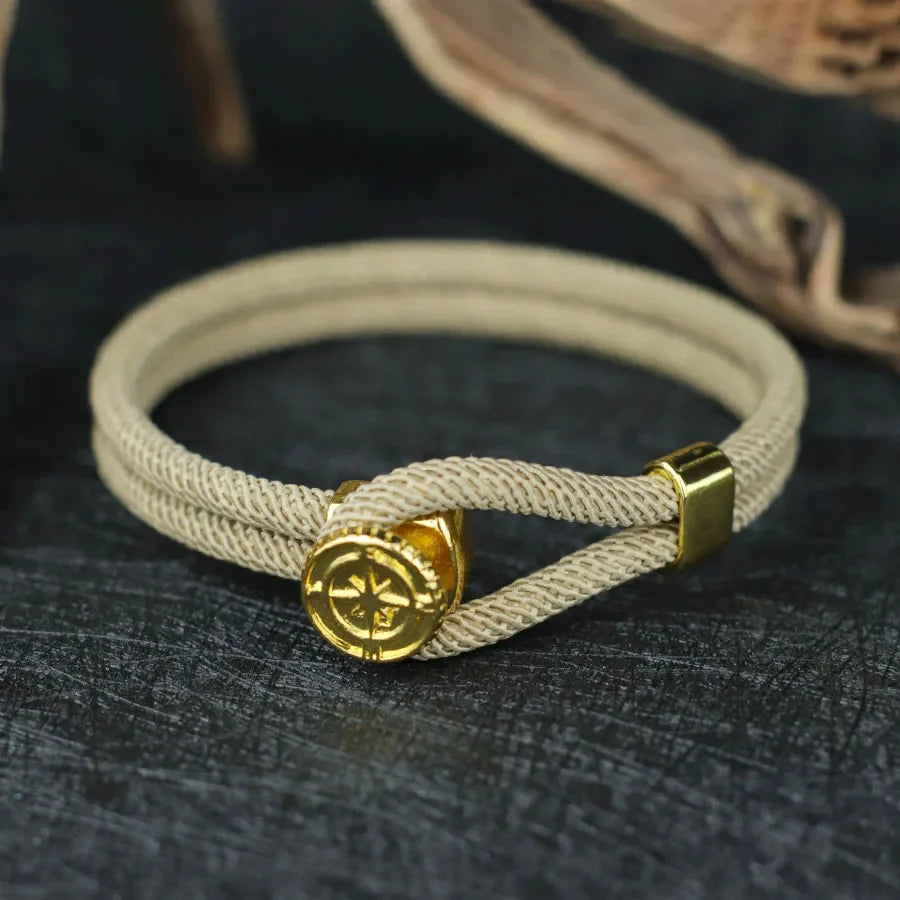 Bracelet en Corde avec Boussole Nautique Rose des Vents beige