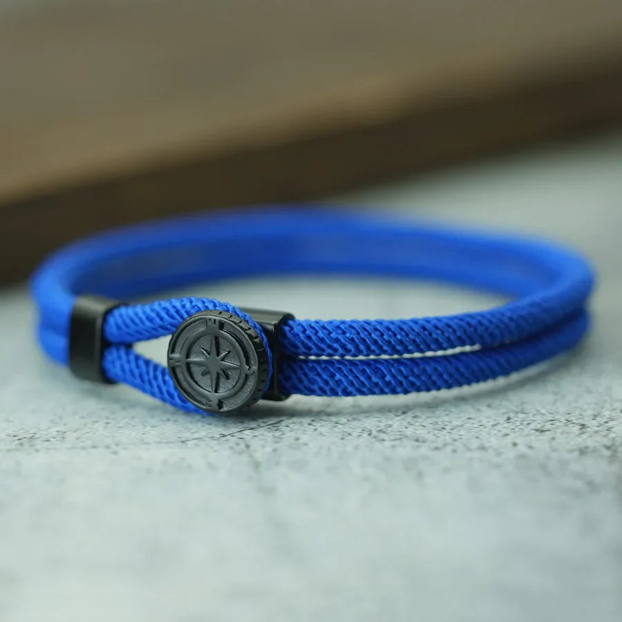 Bracelet en Corde avec Boussole Noire Rose des Vents bleu roi