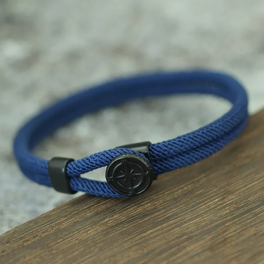 Bracelet en Corde avec Boussole Noire Rose des Vents bleu marine