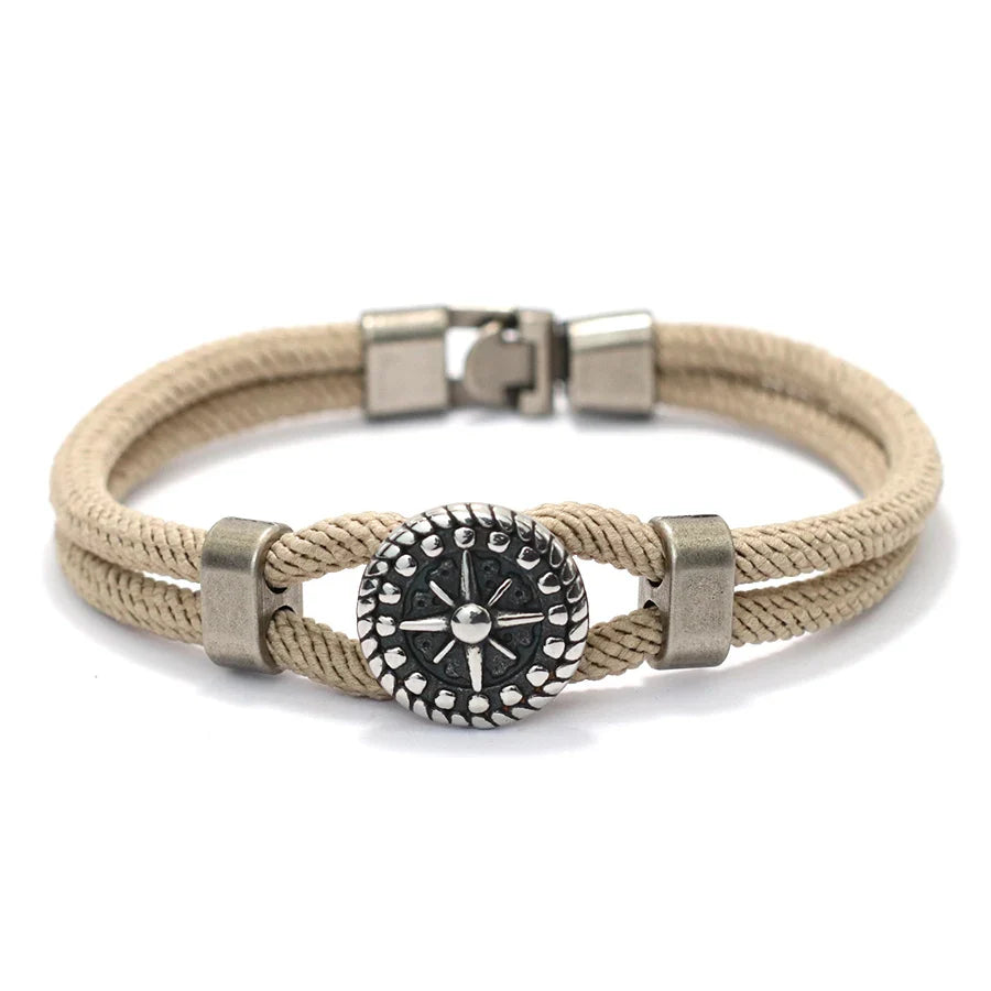 Bracelet en Corde avec Boussole Rose des Vents beige