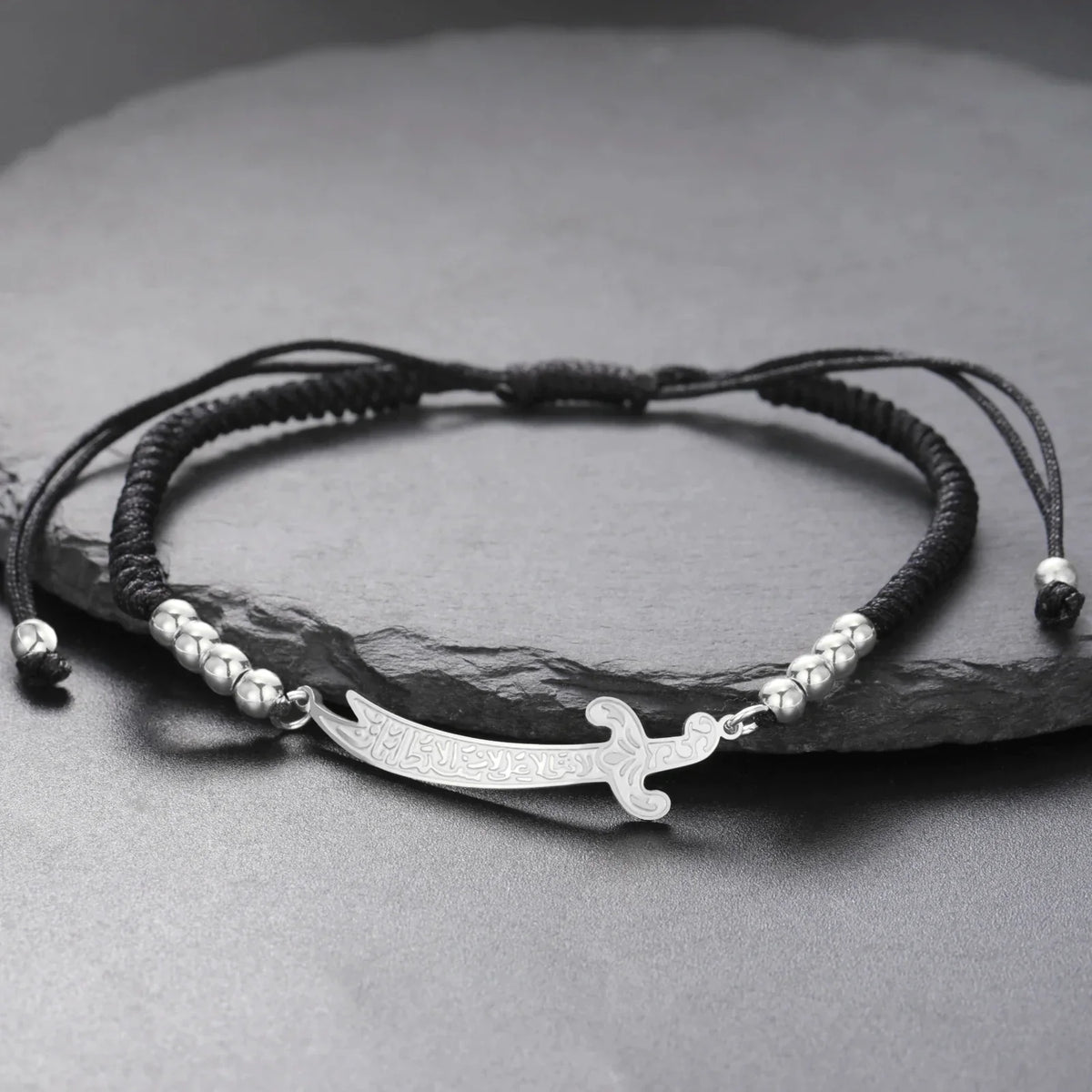 Bracelet en corde avec épée Ali Zulfiqar arabe noir argent