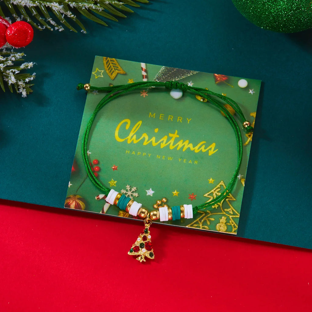 クリスマスツリーモチーフのグリーンペンダント付きコードブレスレット