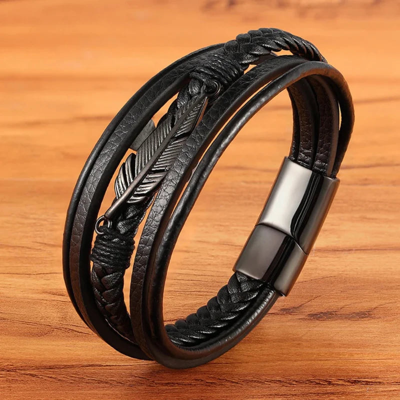 Bracelet en Cuir Plume Homme noir