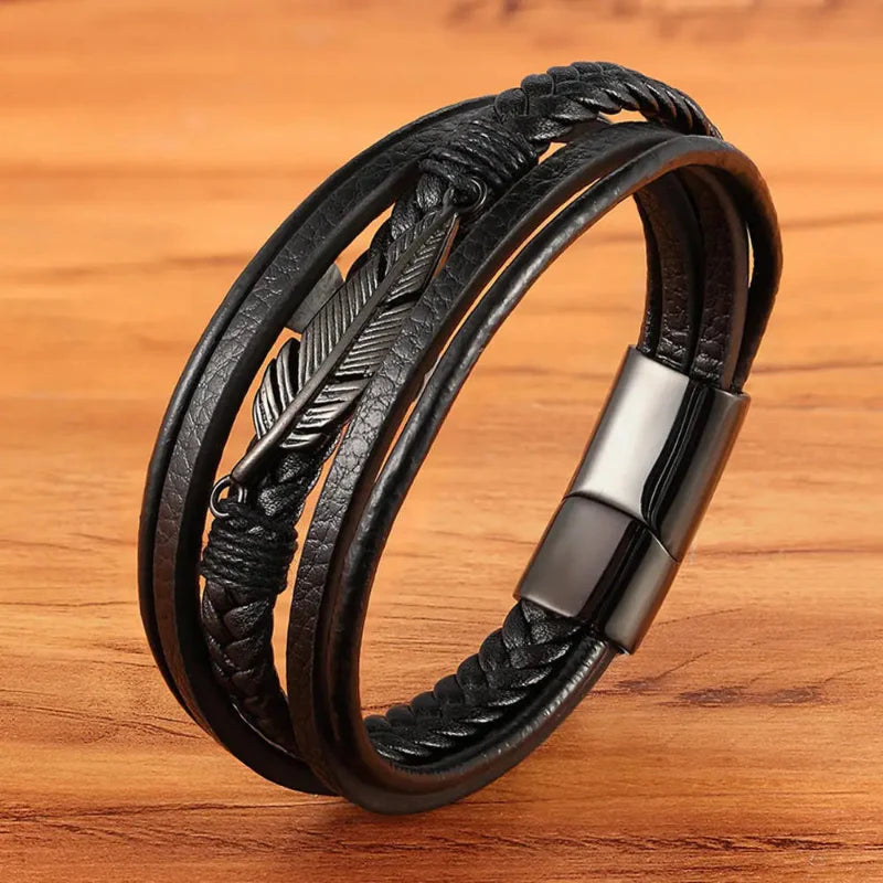 Bracelet en Cuir Plume Homme noir