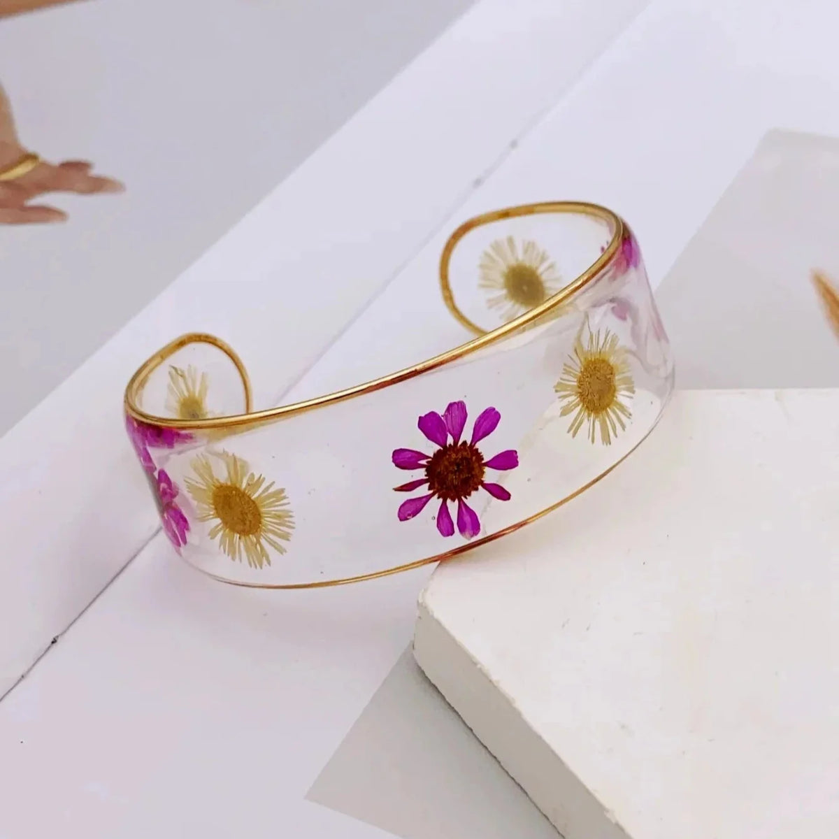 透明レジン フラワー喜平ブレスレット ピンク b