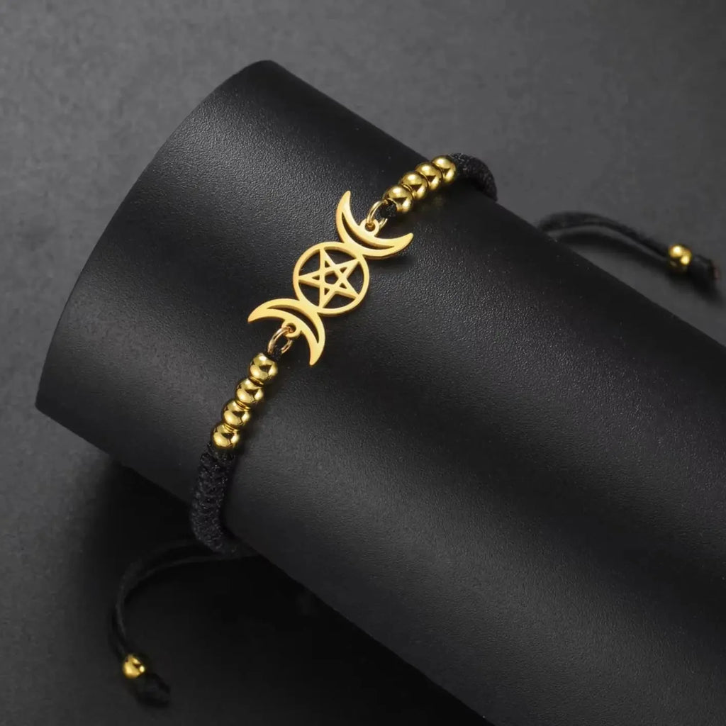 ブレスレット 三つ編み トリプルムーン 魔術 Wiccan チェーンブレスレット ブラック