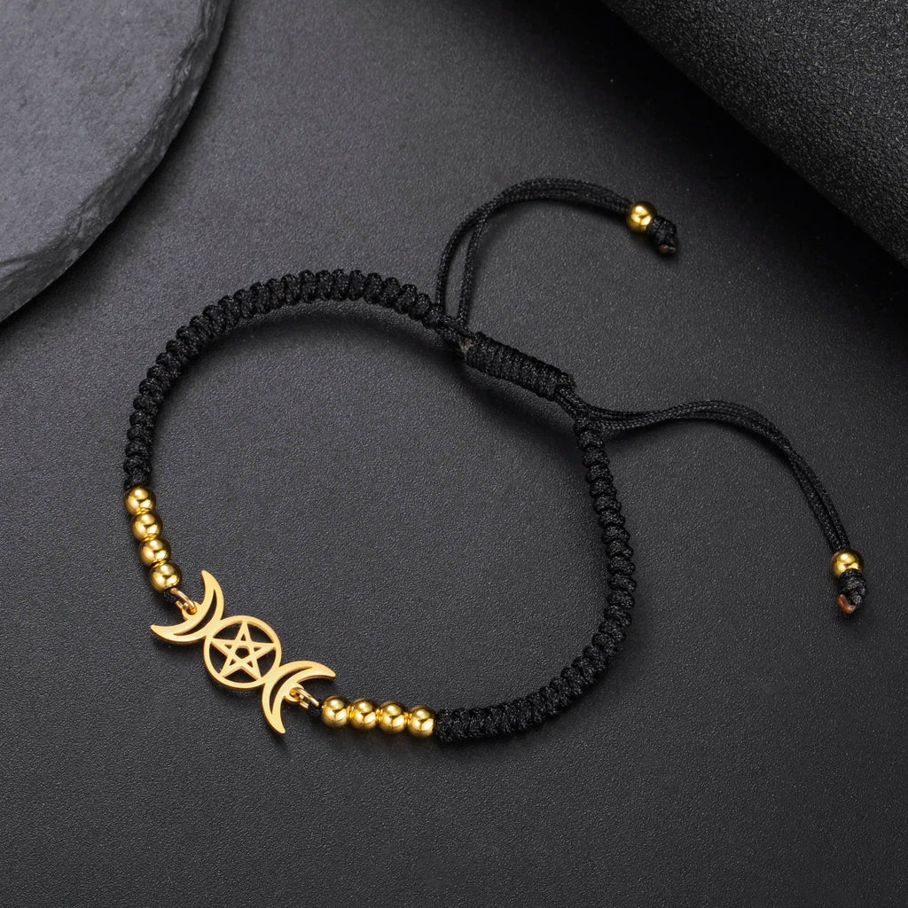 ブレスレット 三つ編み トリプルムーン 魔術 Wiccan チェーンブレスレット ブラック