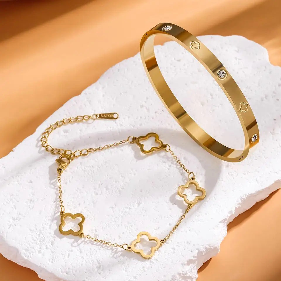 Lot de 2 Bracelets avec Trèfles à 4 Feuilles or