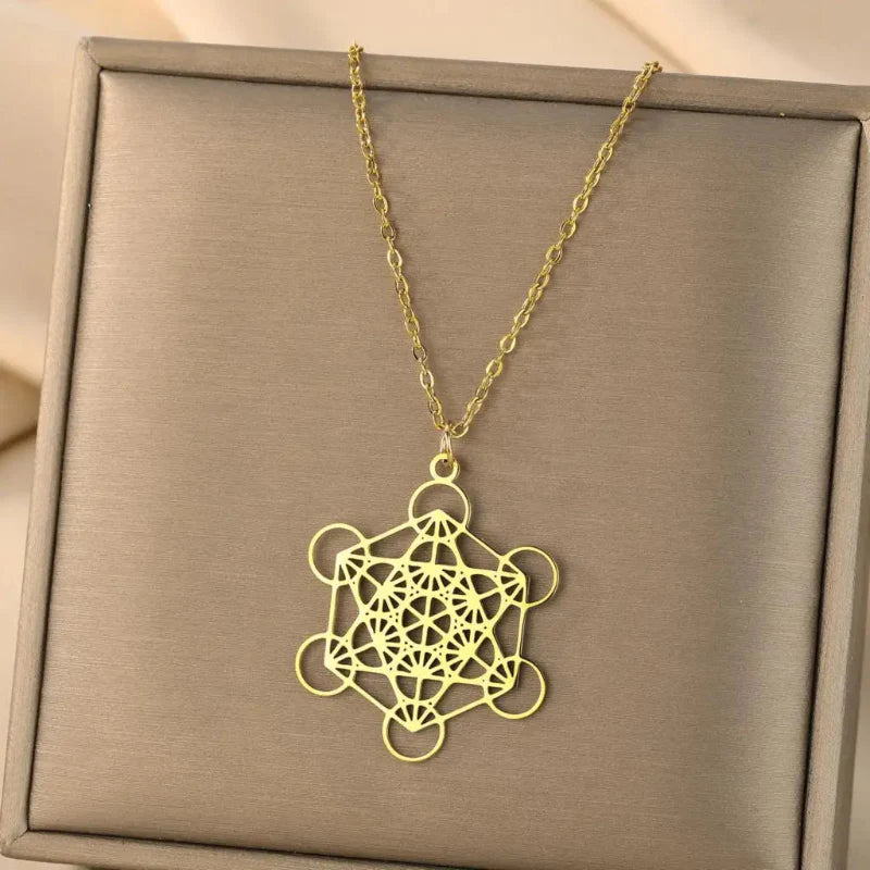 Collier avec Grand Pendentif Cube de Métatron or