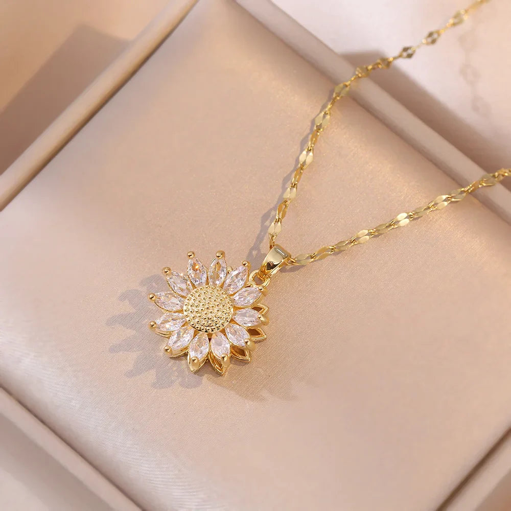 Collier avec Pendentif Rotatif Fleur en Zircon contre l'Anxiété or