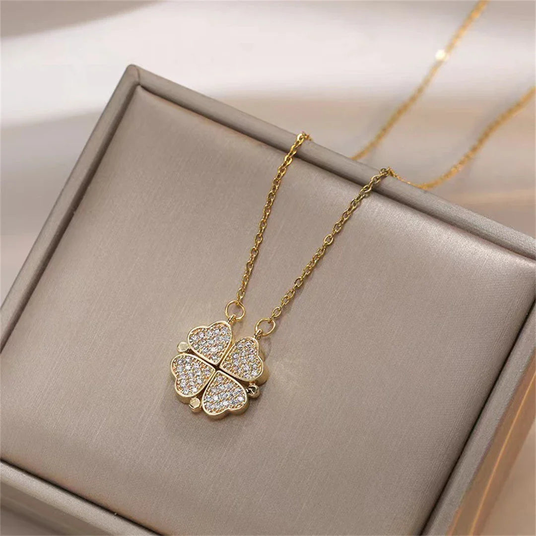 Collier Ras de Cou avec Pendentifs Coeurs Trèfle à 4 Feuilles pour Femme or