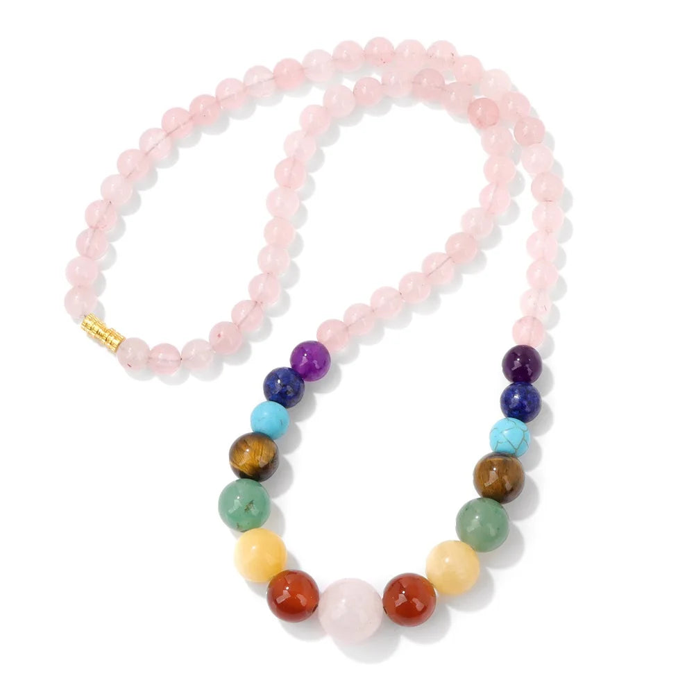 Collier de Protection avec Pendentif en Pierres 7 Chakras quartz rose