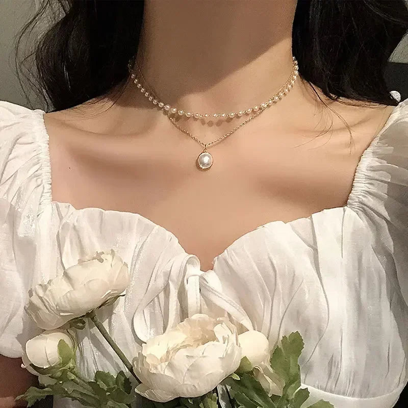 Collier Double Elégant avec Pendentif Perle or