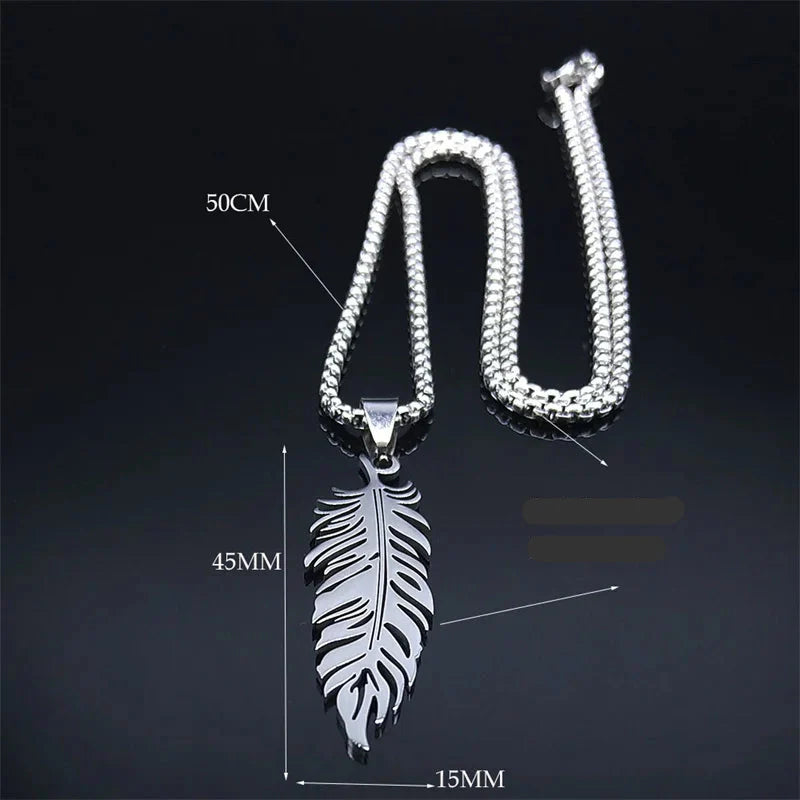 Collier et pendentif plume en acier inoxydable