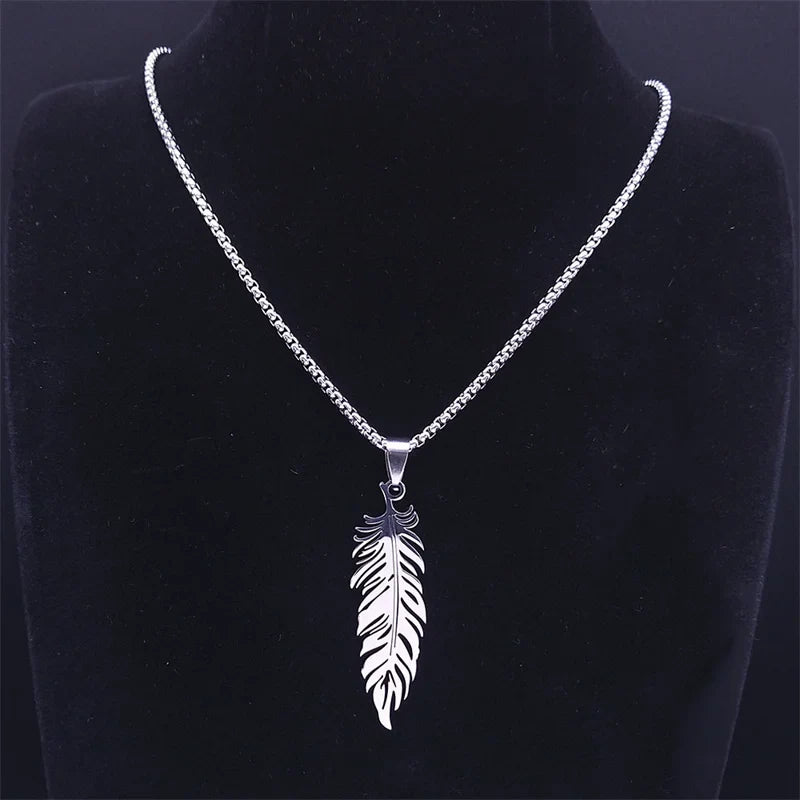 Collier et pendentif plume en acier inoxydable argent