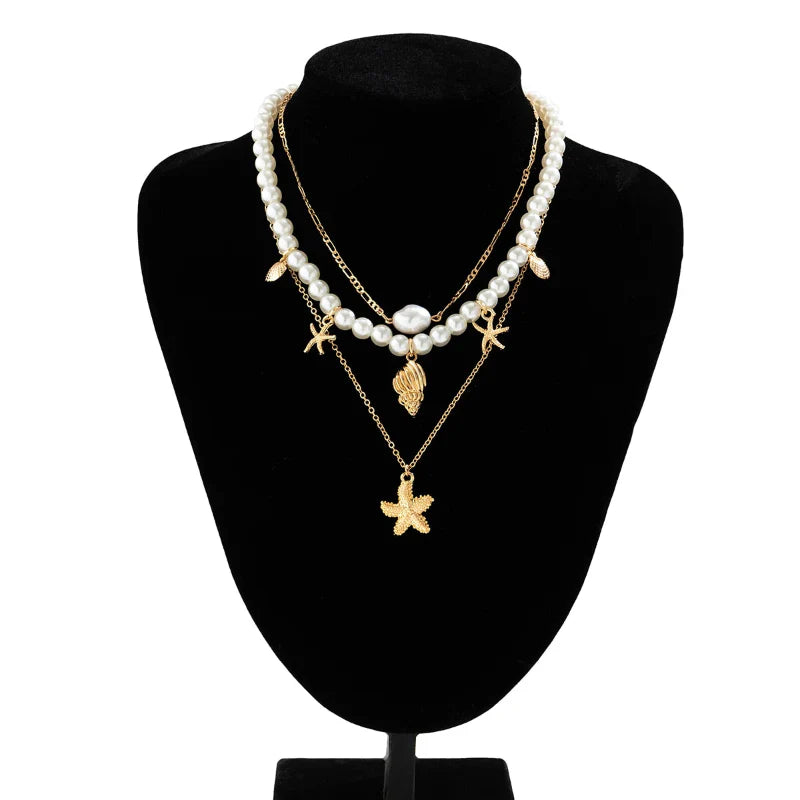 Collier Multirang avec Pendentifs Coquillages Etoiles de Mer
