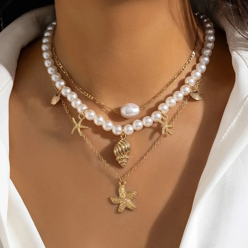Collier Multirang avec Pendentifs Coquillages Etoiles de Mer