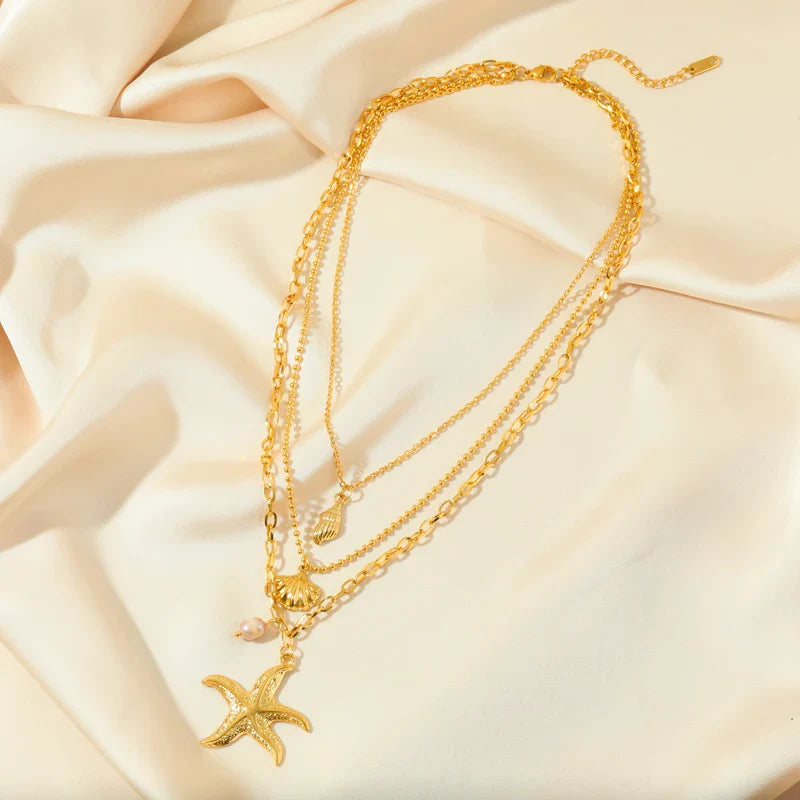 Collier Multirang Pendentif Coquillage Etoile de Mer Conque Coquille Saint-Jacques