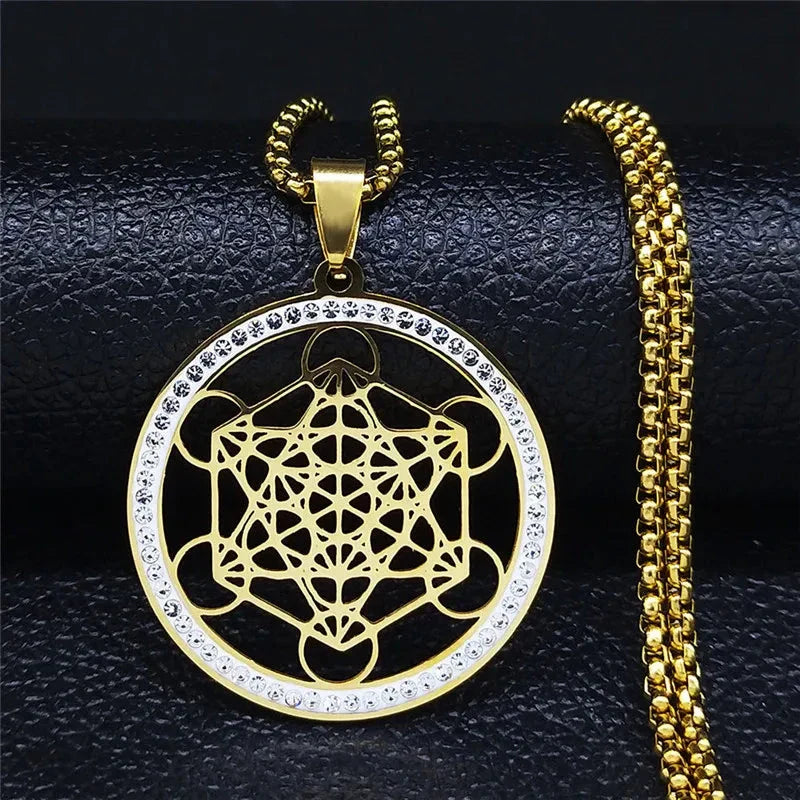 Collier Pendentif Cube de Métatron avec Crystal or