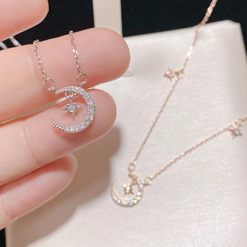 ジルコンの月と星のペンダントネックレス レディース