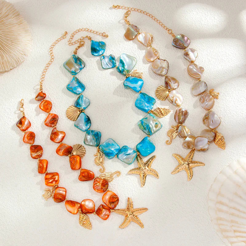 Collier Ras de Cou avec Pendentifs Coquillages Etoile de Mer bleu