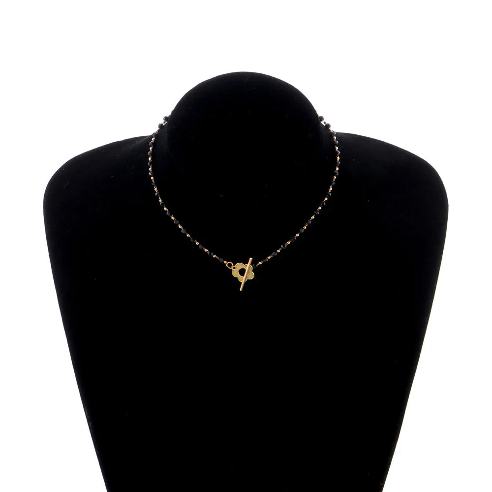 Collier Ras de Cou Pendentif Fleur noir et or