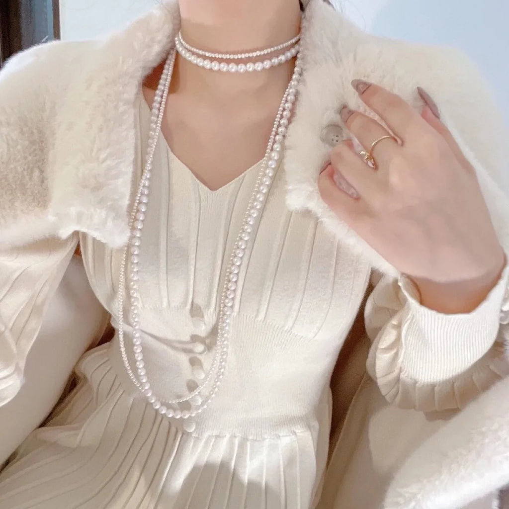 ロング＆ダブルのホワイトパールレディースネックレス